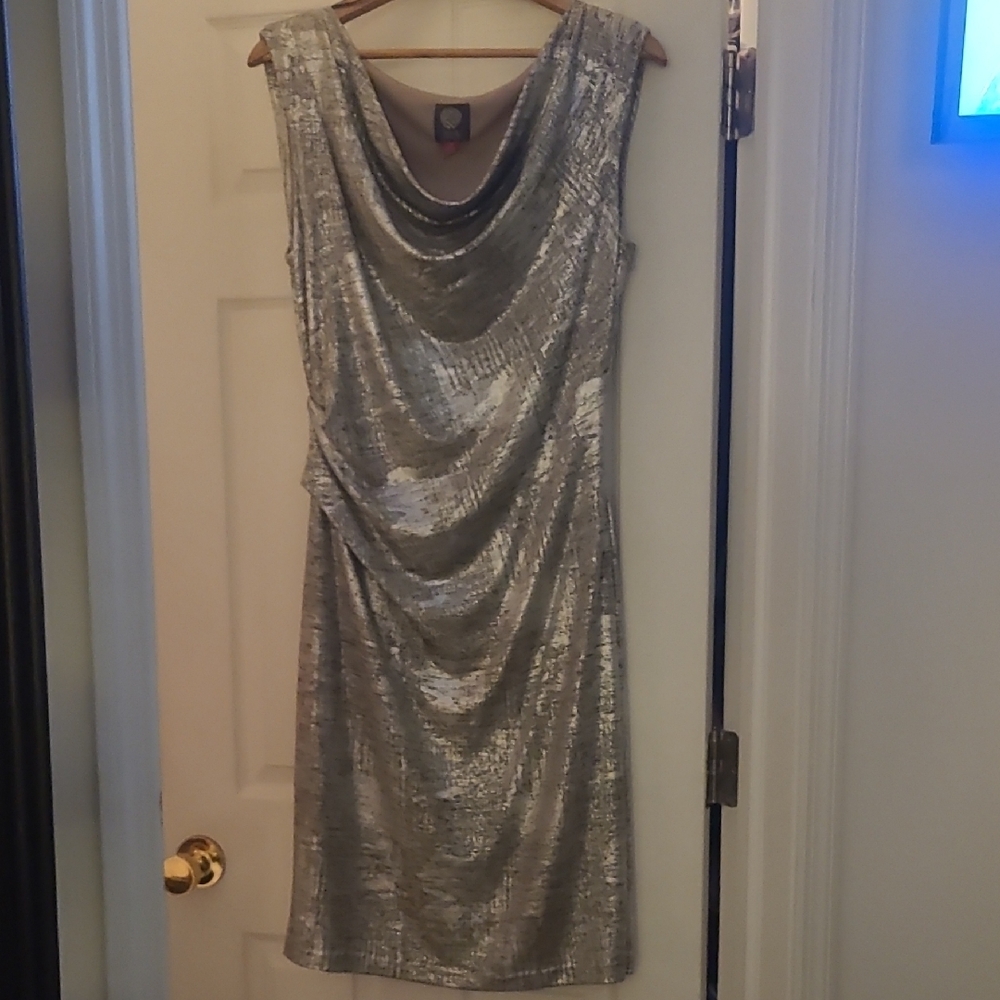 Vince Camuto Silver Draped Cowl Midi Dress